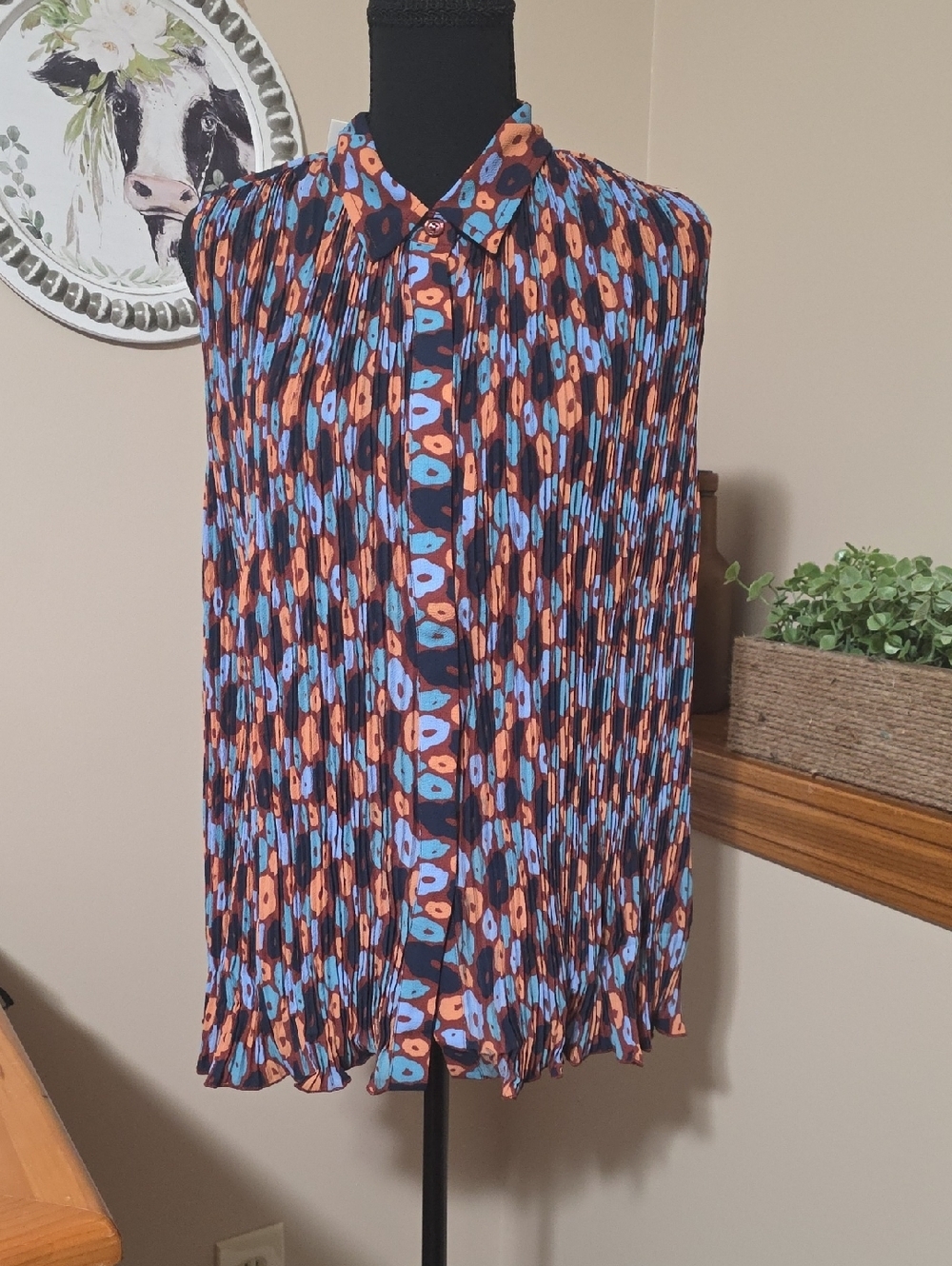 Wildfang Navy Blue Orange and Light Blue Pleated Button-Up Blouse